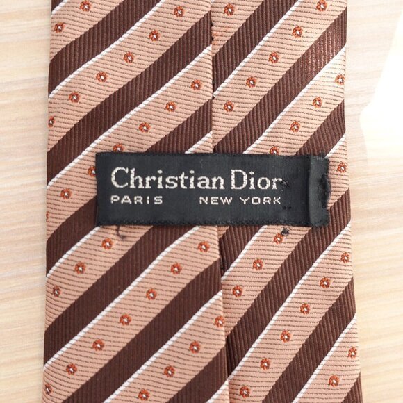 Christian Dior Neck Tie Mens Brown Striped Silk Logo Initial Flower Rustic Short - Picture 6 of 10
